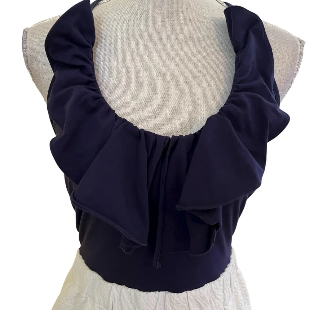 Lilly Pulitzer Navy Knit/White Seersucker "Quinn" Let it Rip Halter Mini Dress S - Picture 3 of 10